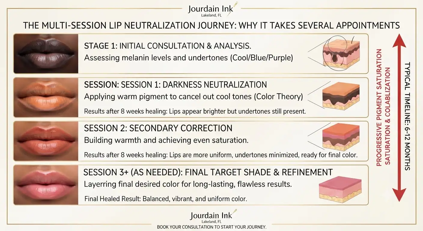 Visual infographic showing the multi-session lip neutralization process and color correction stages in Lakeland