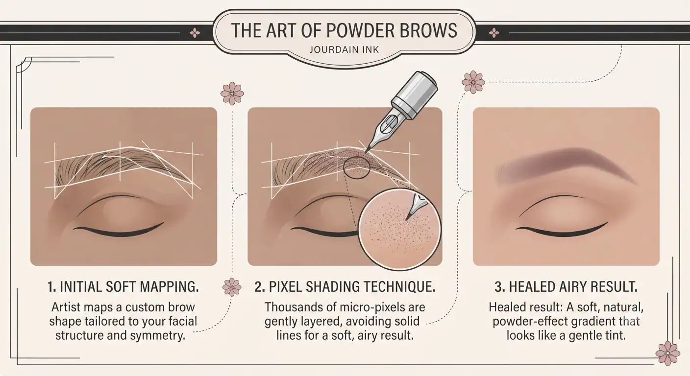 Powder brows soft pixel shading technique in Lakeland, FL showing mapping and healed airy result