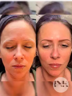 Front view of a client showcasing soft pixel shaded powder brows transformation in Lakeland FL