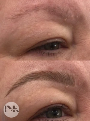 Before and after microblading eyebrow transformation for permanent makeup classes.